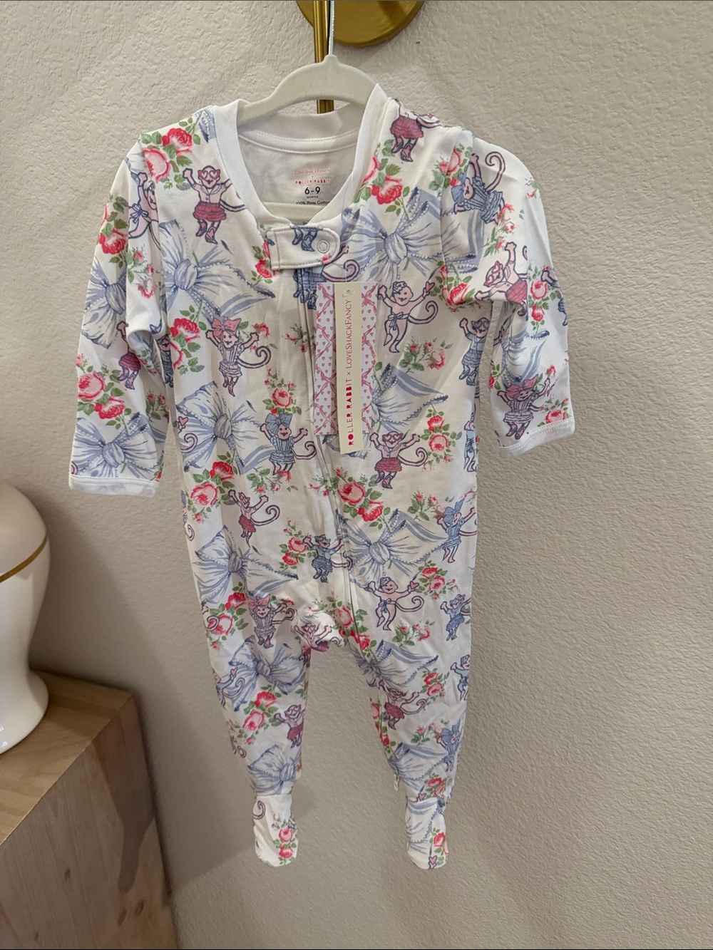 LoveShackFancy White Footed One-Piece with Pink & Purple Print